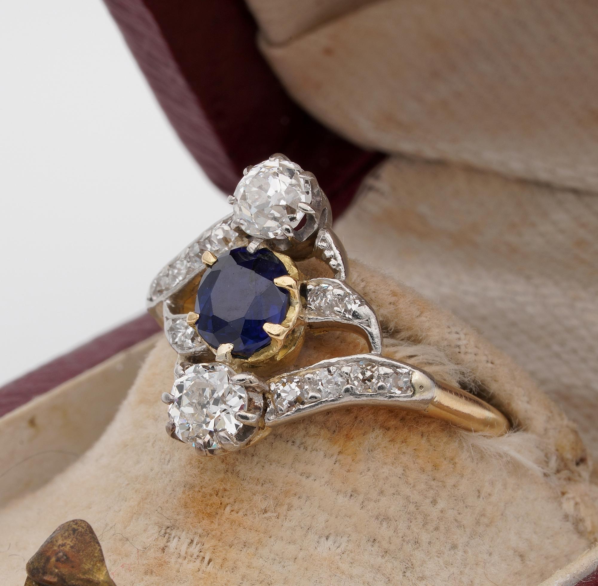 Art Nouveau .90 Carat Natural No Heat Sapphire 1.20 Carat Old Mine Diamond Ring For Sale 1