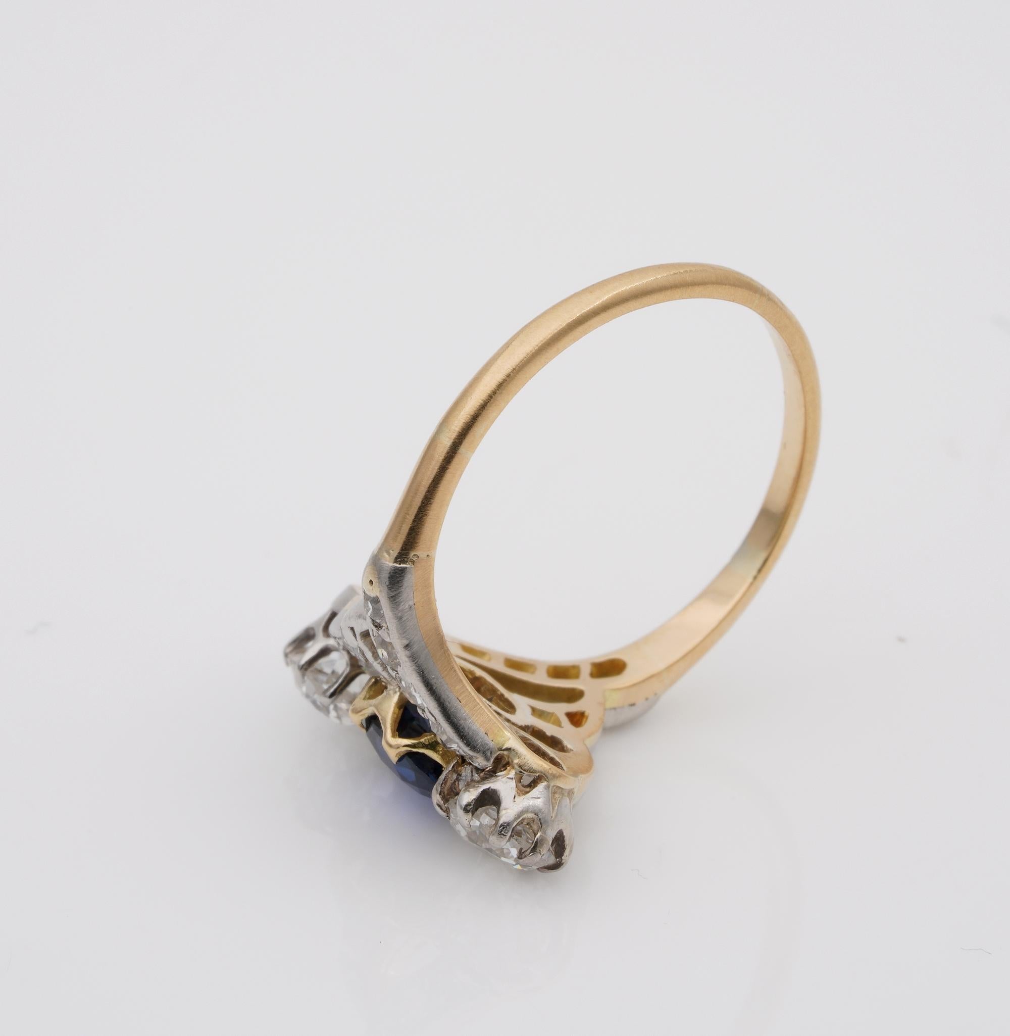 Art Nouveau .90 Carat Natural No Heat Sapphire 1.20 Carat Old Mine Diamond Ring For Sale 2