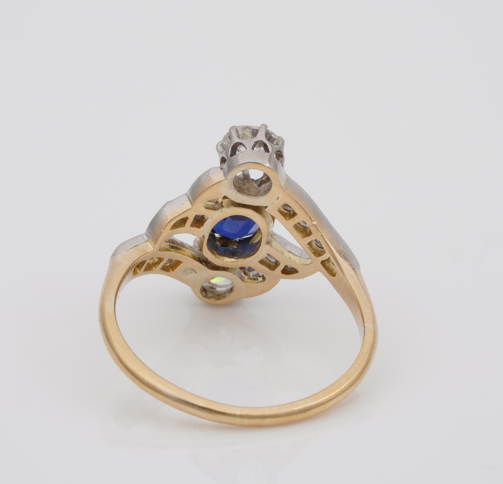 Art Nouveau .90 Carat Natural No Heat Sapphire 1.20 Carat Old Mine Diamond Ring For Sale 3