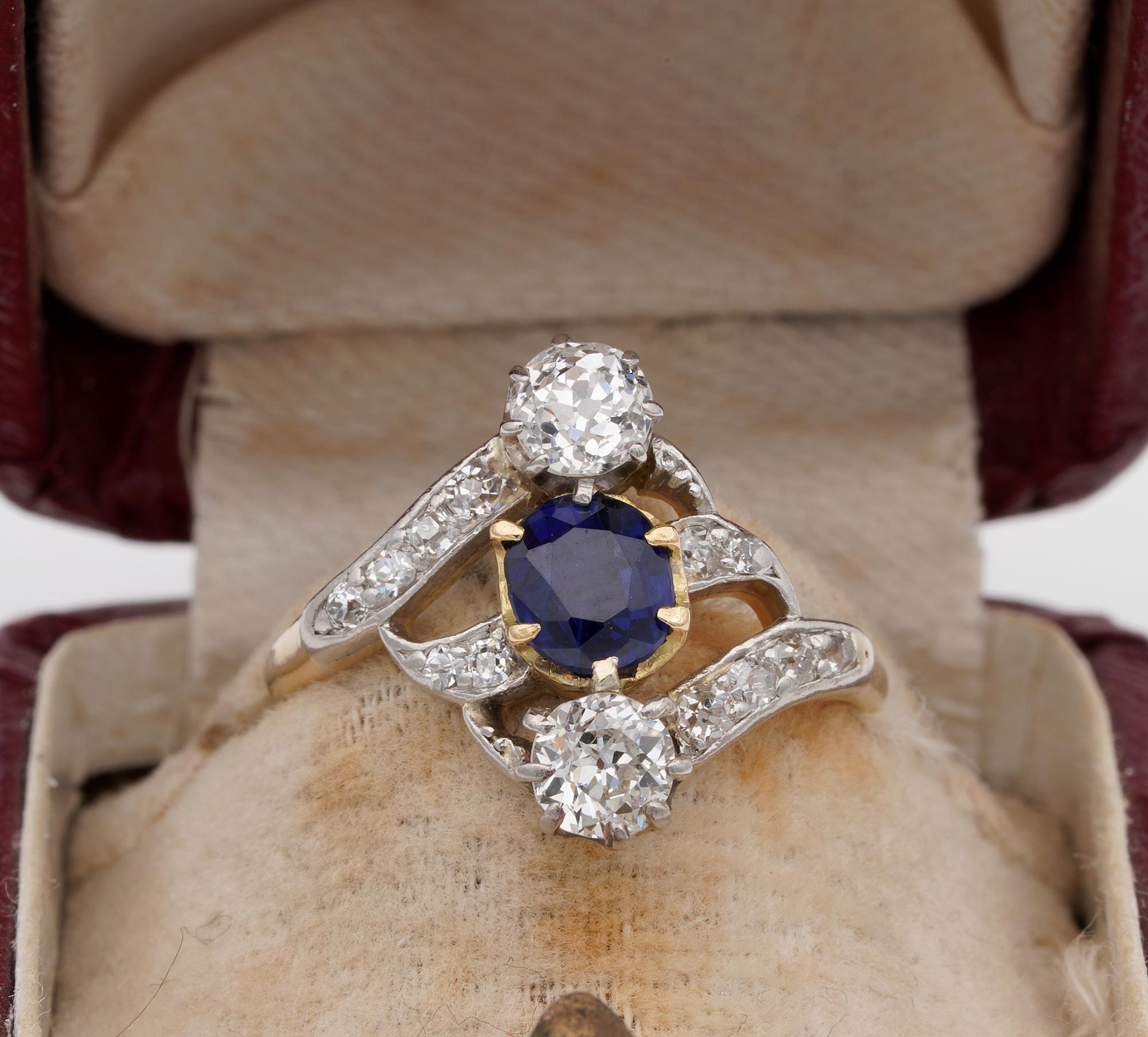 Appealing Art Nouveau period Diamond and Sapphire ring, 1900 ca
Hand crafted of solid Platinum and 18 KT gold, unmarked
Exquisite example epitome of the eternal elegance expressing in full the elegant fashion of that time
Set with a central natural