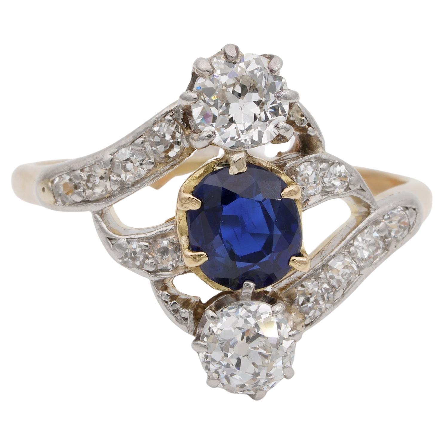 Art Nouveau .90 Ct Natural Sapphire 1.20 Ct Diamond Ring