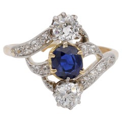 Art Nouveau .90 Ct Natural Sapphire 1.20 Ct Diamond Ring