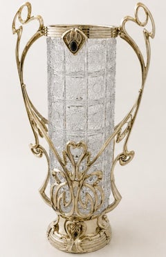Vase Art nouveau en argent sterling 925 et cristal de Bohême, orné d'onyx sculpté à la main