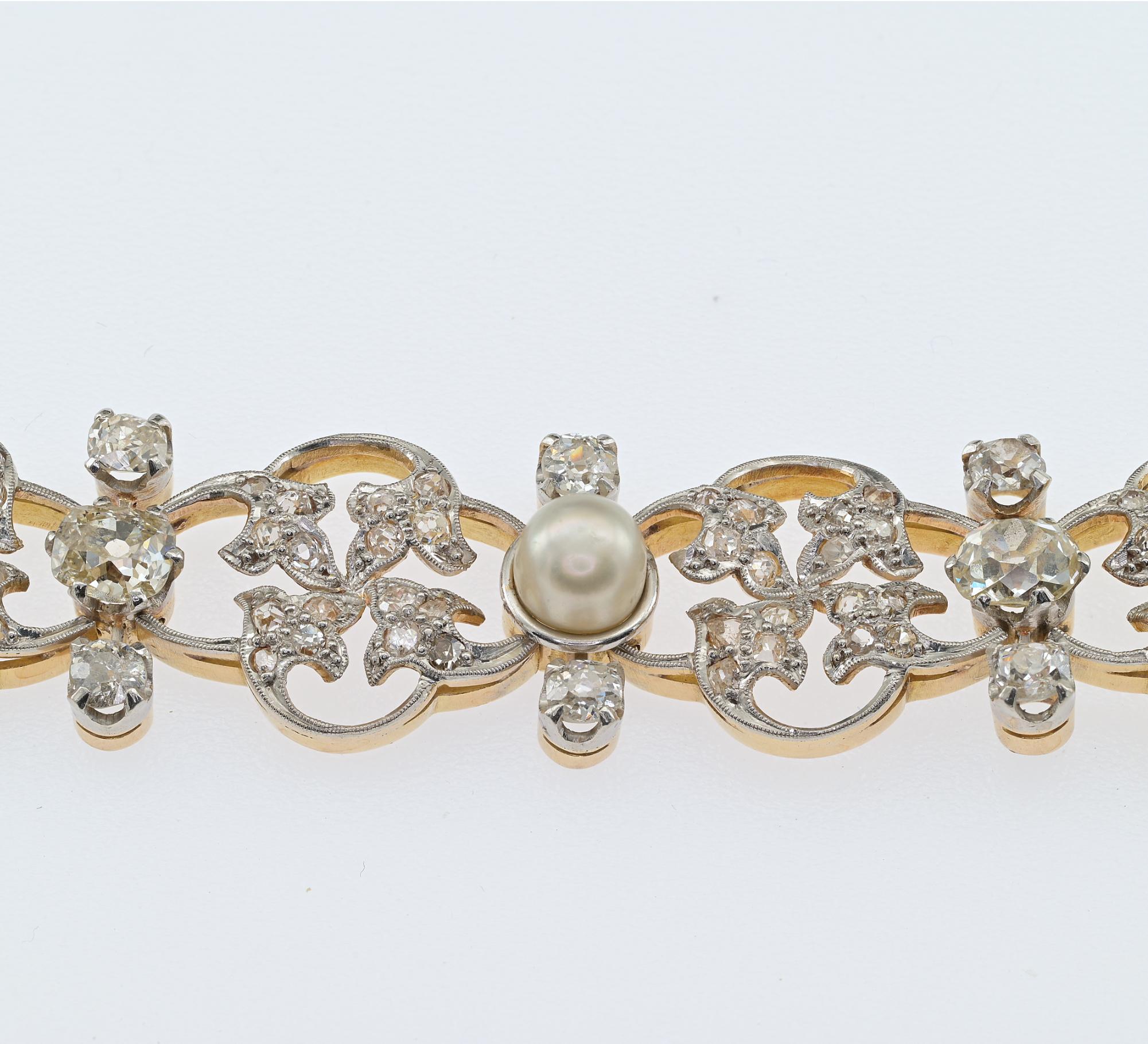 Art Nouveau 9.50 Ct Diamond Natural Pearl 18 Kt Platinum Bracelet In Good Condition For Sale In Napoli, IT