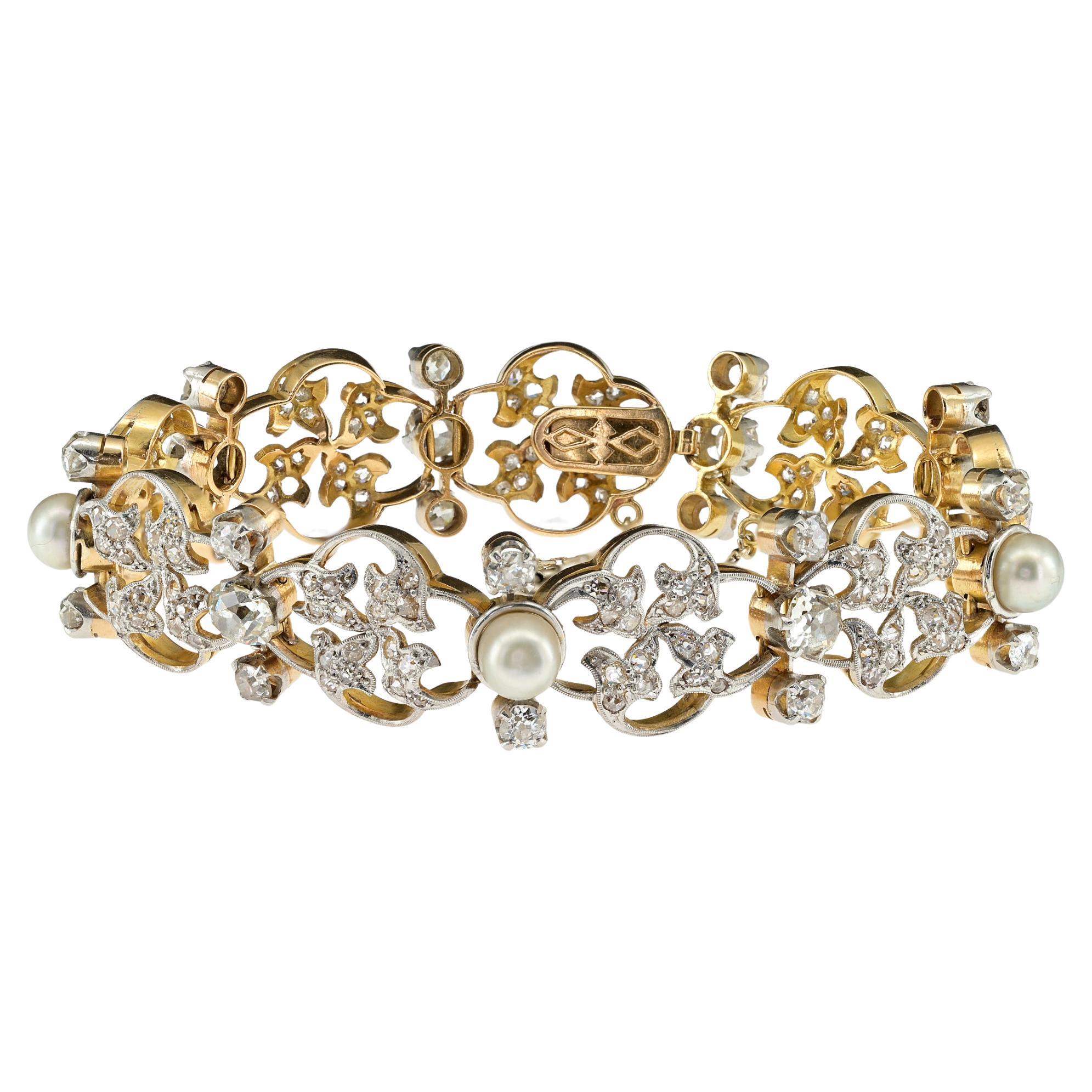 Art Nouveau 9,50 Karat Diamant Natürliche Perle 18 Kt Platin-Armband