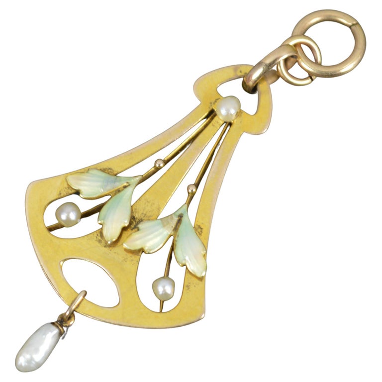 Art Nouveau 9ct Gold Enamel and Pearl Floral Pendant For Sale at 1stDibs