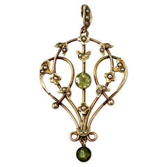 Art Nouveau 9ct Gold Lavaliere Pendant Peridot Paste and Natural Seed Pearls