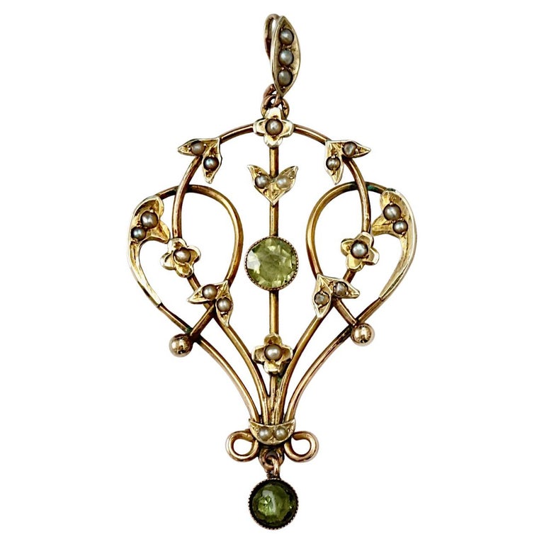 Art Nouveau 9ct Gold Lavaliere Pendant Peridot Paste and Natural Seed ...