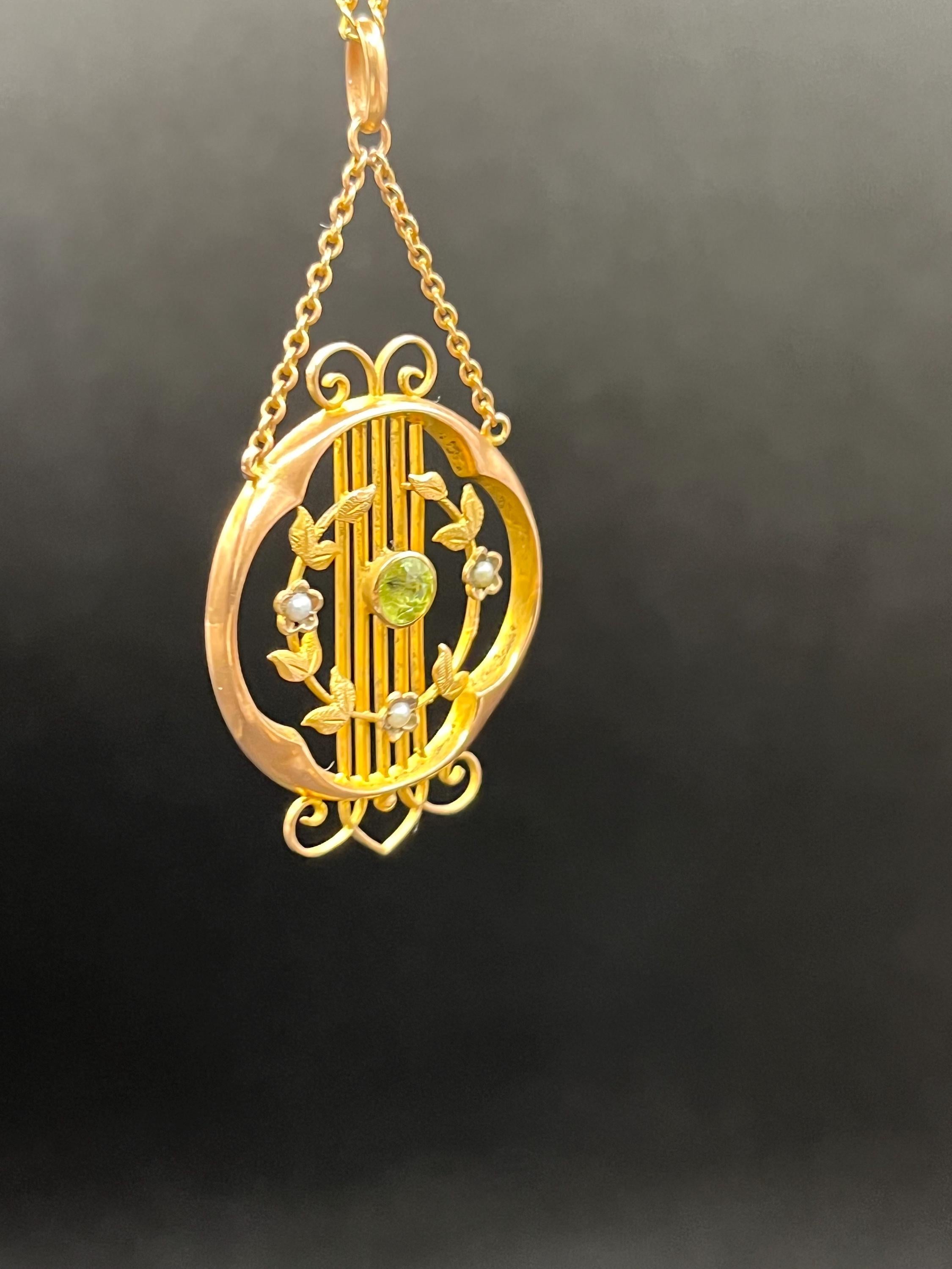 Art Nouveau 9ct Yellow Gold Stamped, Peridot and Seed Pearl Pendant ...