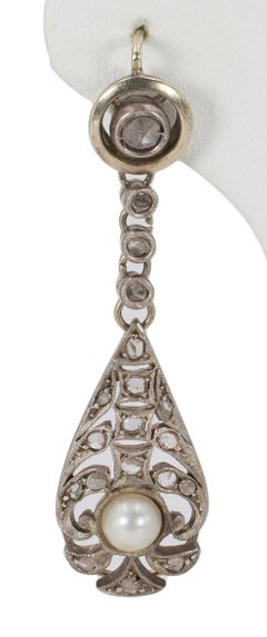 Art Nouveau 9 Karat White Gold, Silver, Diamond and Pearl Earrings