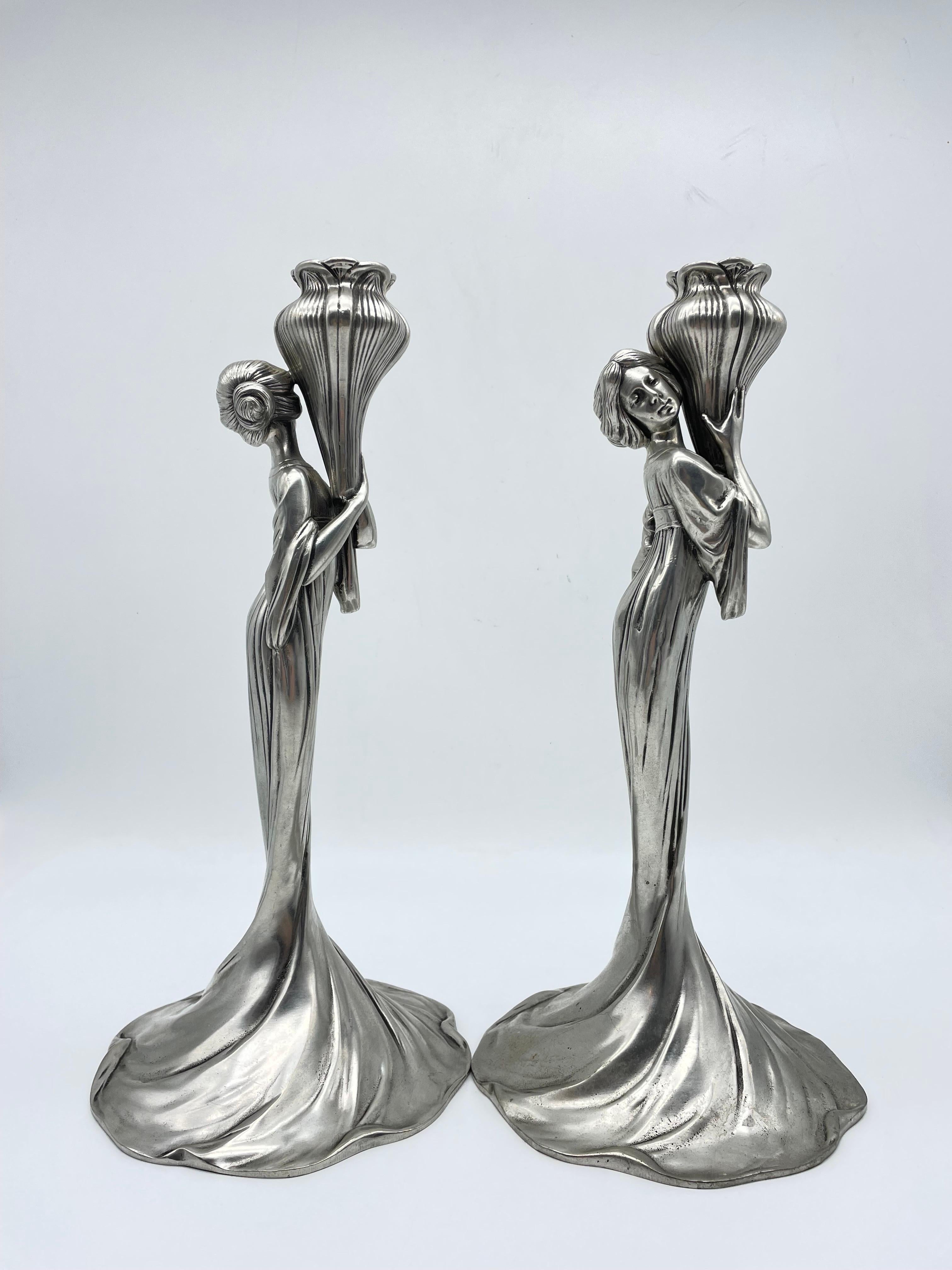Hand-Crafted Art Nouveau Achille Gamba Candlestick, Pewter For Sale