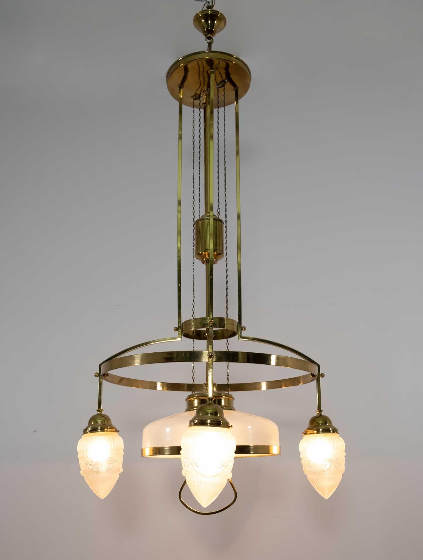 Early 20th Century Art Nouveau Adjustable Brass and Glass Opaline Chandelier, Vienna, 1920s For Sale
