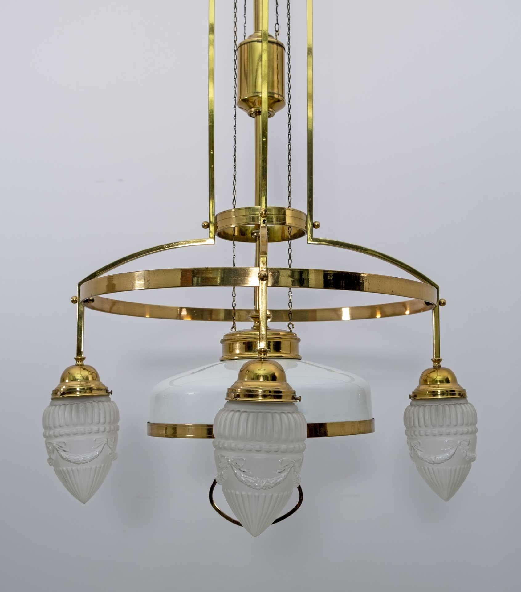 Art Nouveau Adjustable Brass and Glass Opaline Chandelier, Vienna, 1920s For Sale 3