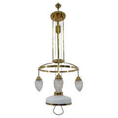 Art Nouveau Adjustable Brass and Glass Opaline Chandelier, Vienna, 1920s