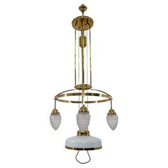 Antique Art Nouveau Adjustable Brass and Glass Opaline Chandelier, Vienna, 1920s