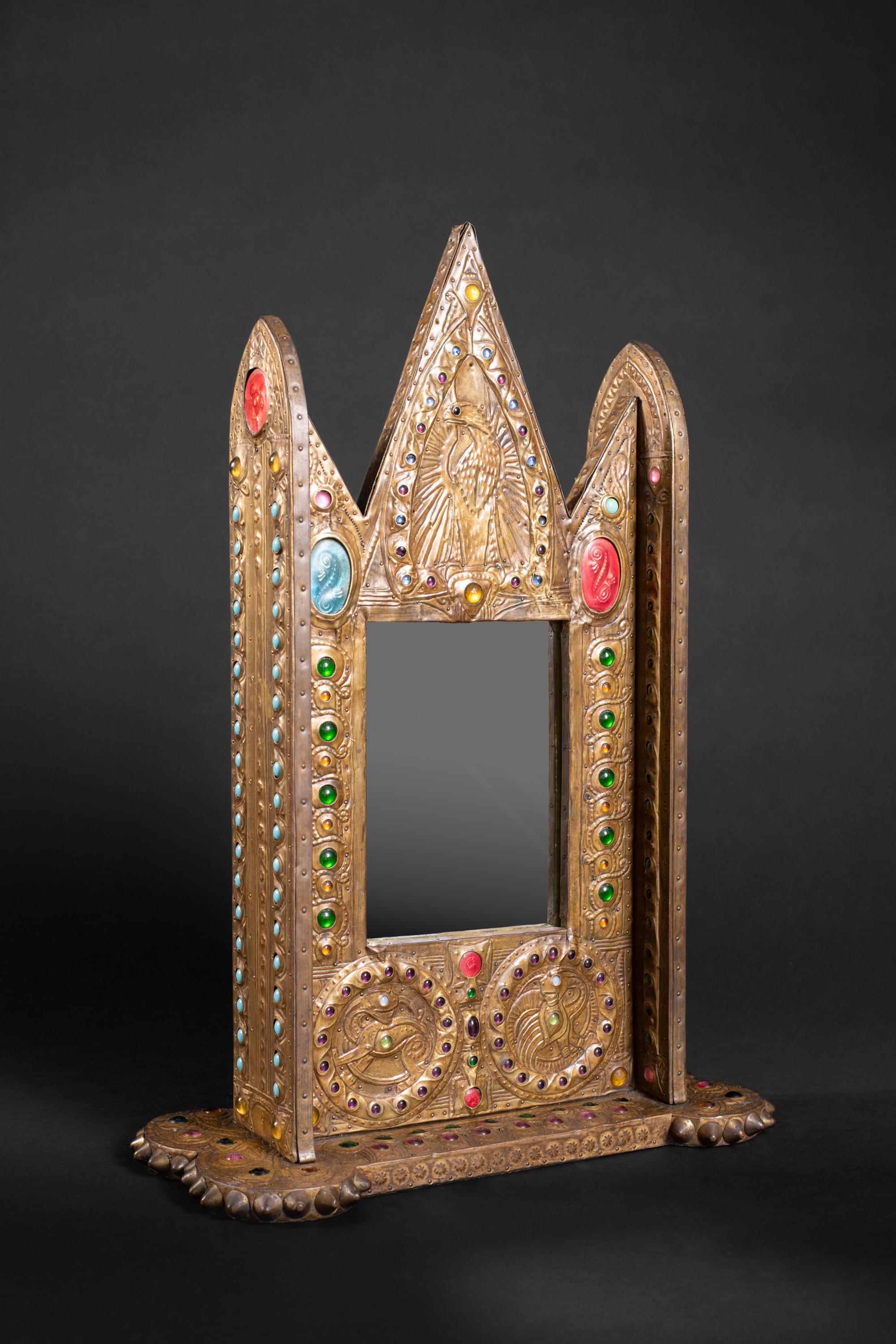 French Art Nouveau Adorned Gothic Repoussé Mirror by Alfred Daguet For Sale