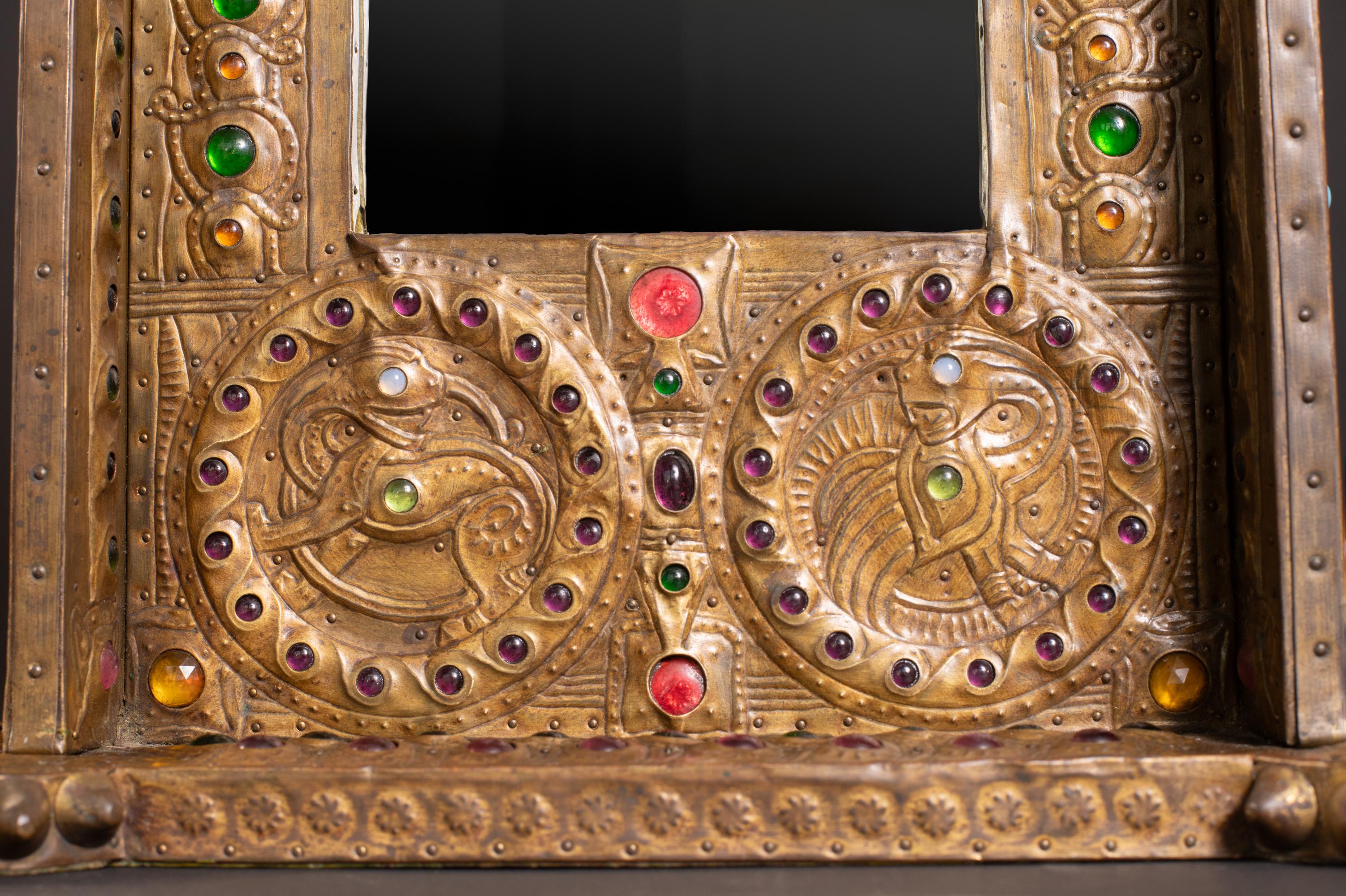 Brass Art Nouveau Adorned Gothic Repoussé Mirror by Alfred Daguet For Sale