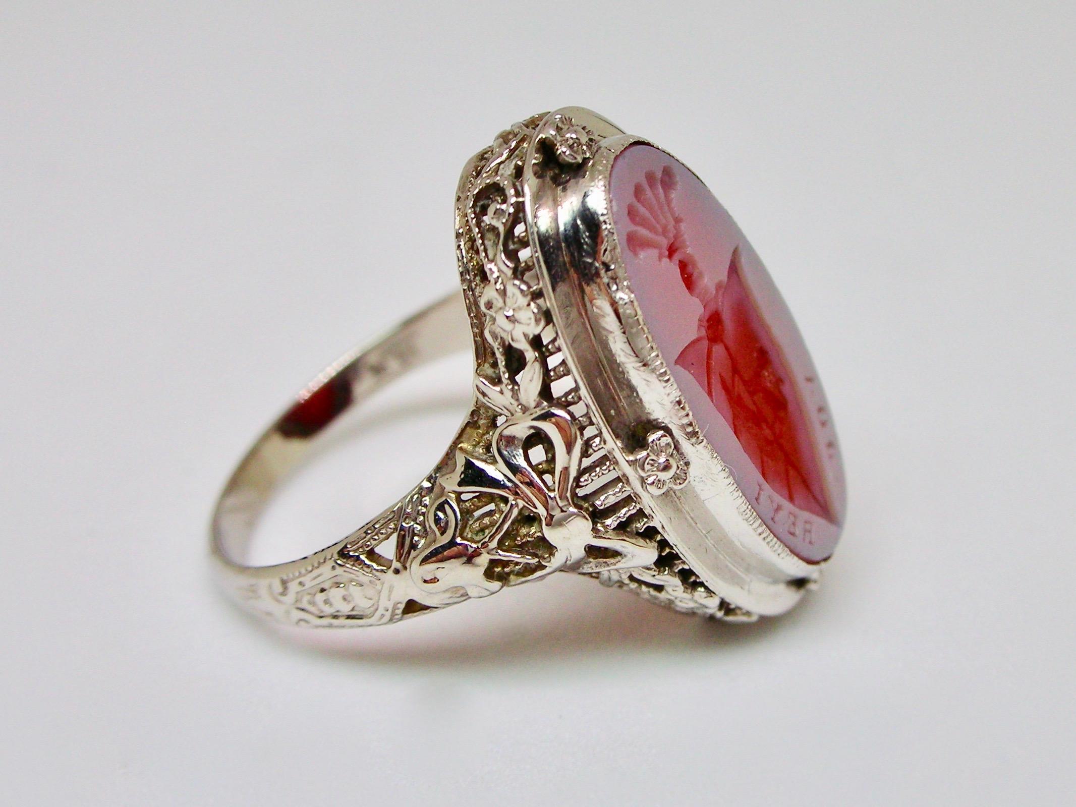 Oval Cut Art Nouveau Agate Signet ring in white gold 