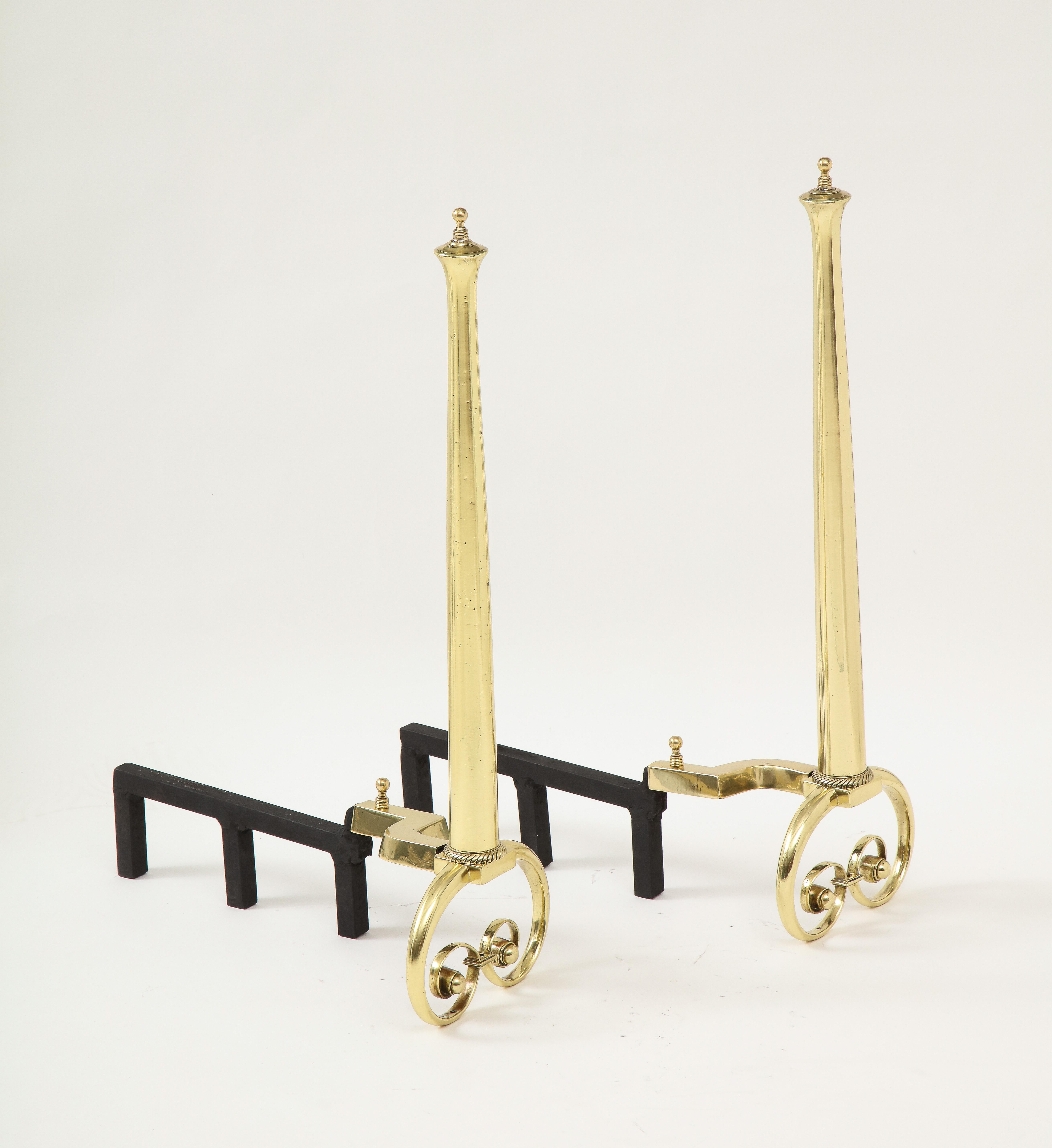 American Art Nouveau Aged Brass Andirons For Sale