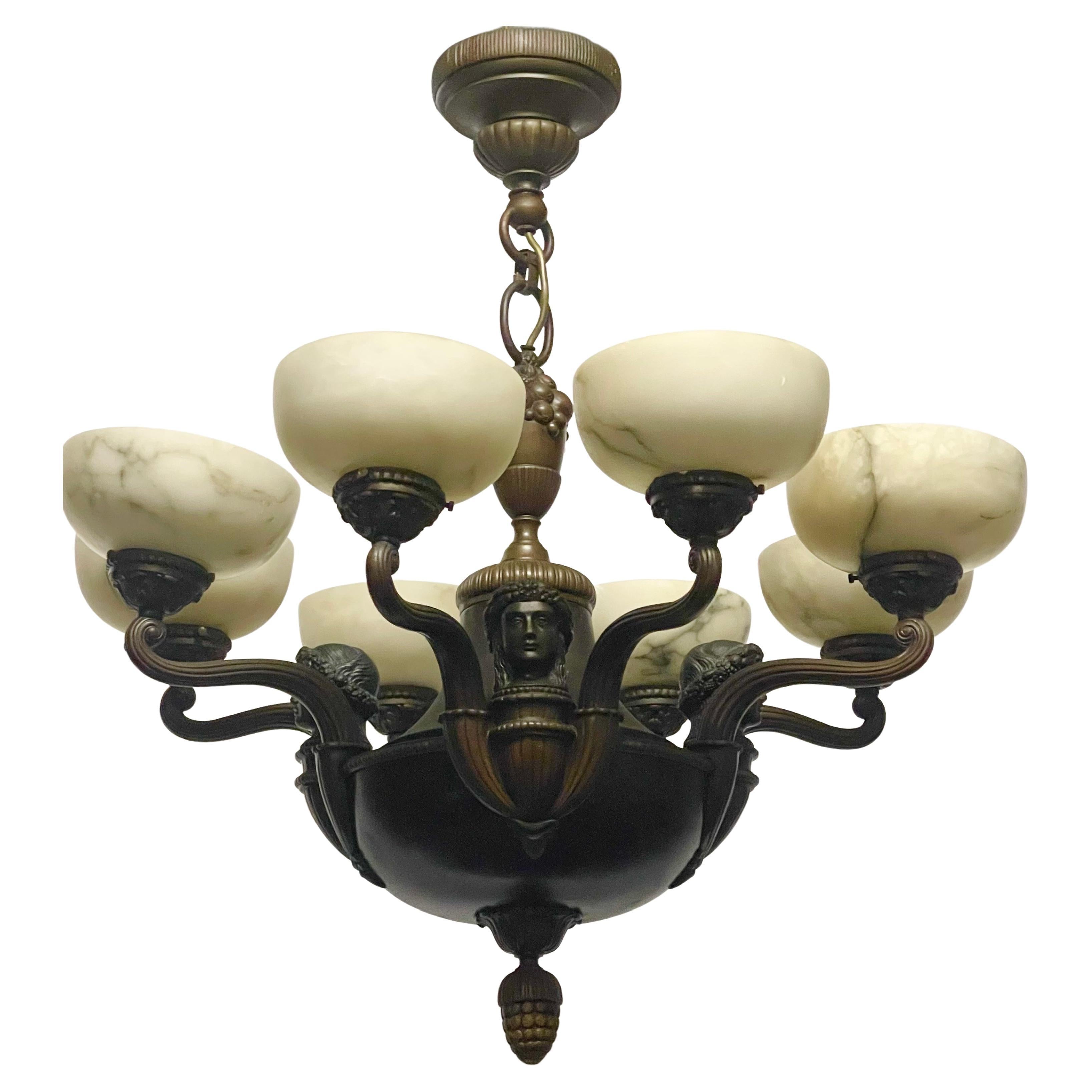 Stunning 8 -light alabaster and bronze chandelier, Germany, circa 1910s.
Socket: 8 x E27 or E26 for standard bulbs.
Newly rewired.