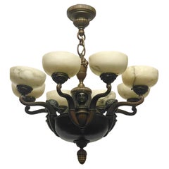 Jugendstil-Kronleuchter aus Alabaster und Bronze mit Köpfen und Früchten, um 1910