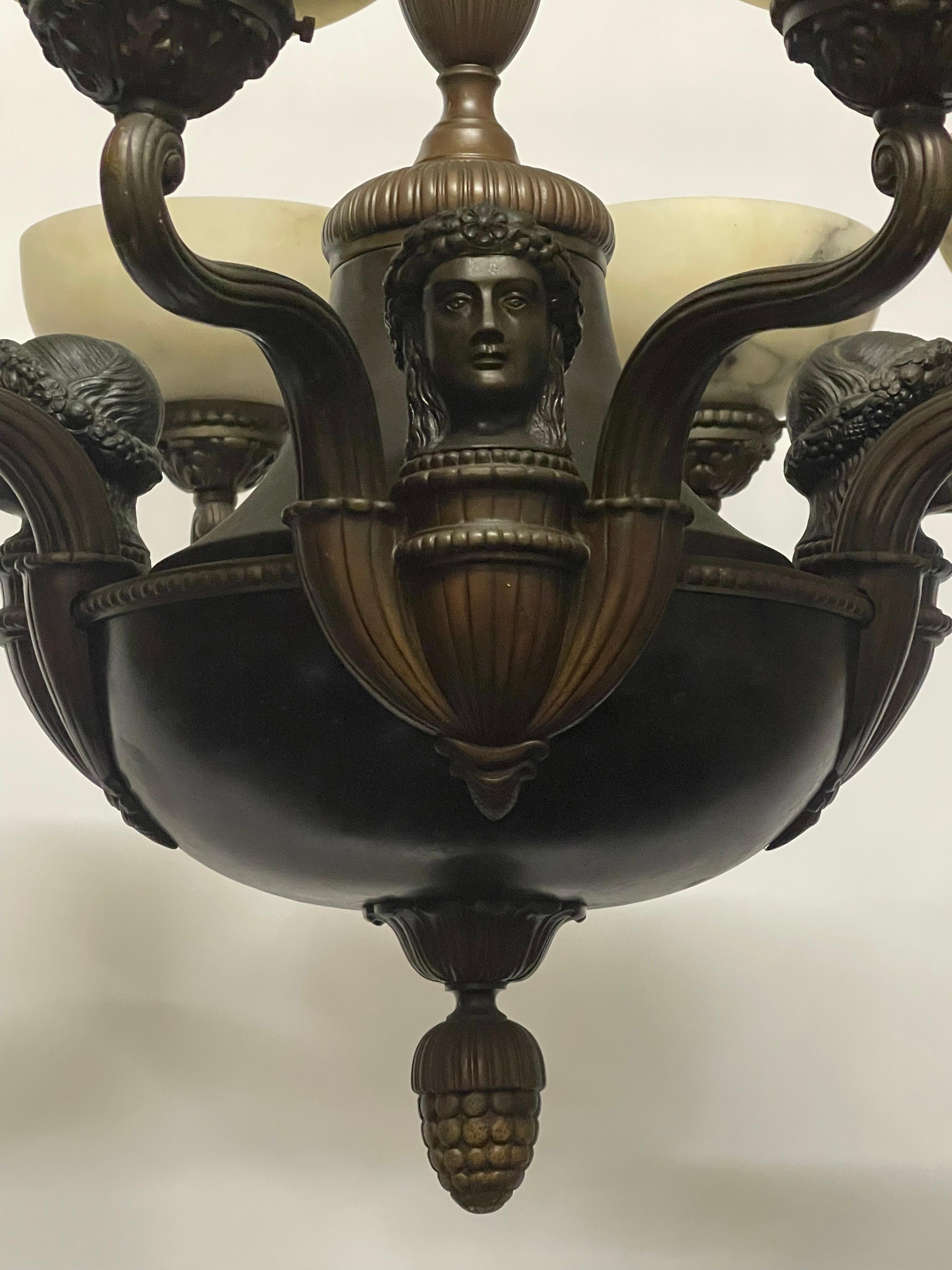 German Art Nouveau Alabaster and Bronze Chandelier with Heads and Fruits, circa 1910s