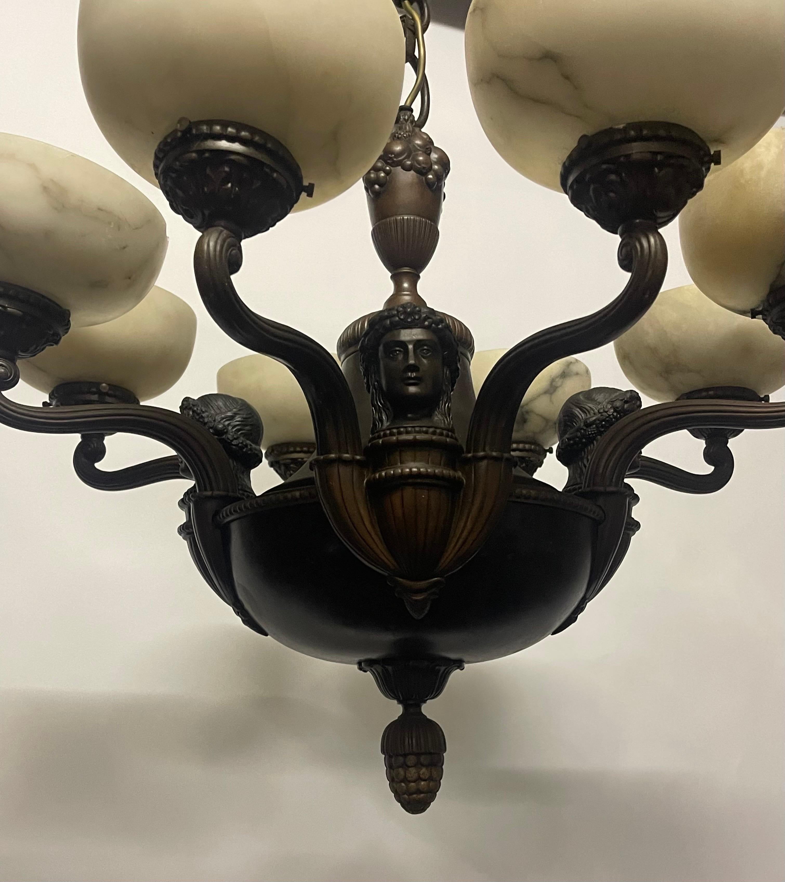 Art Nouveau Alabaster and Bronze Chandelier with Heads and Fruits, circa 1910s 2