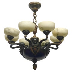 Art Nouveau Alabaster and Bronze Chandelier with Heads and Fruits, circa 1910s