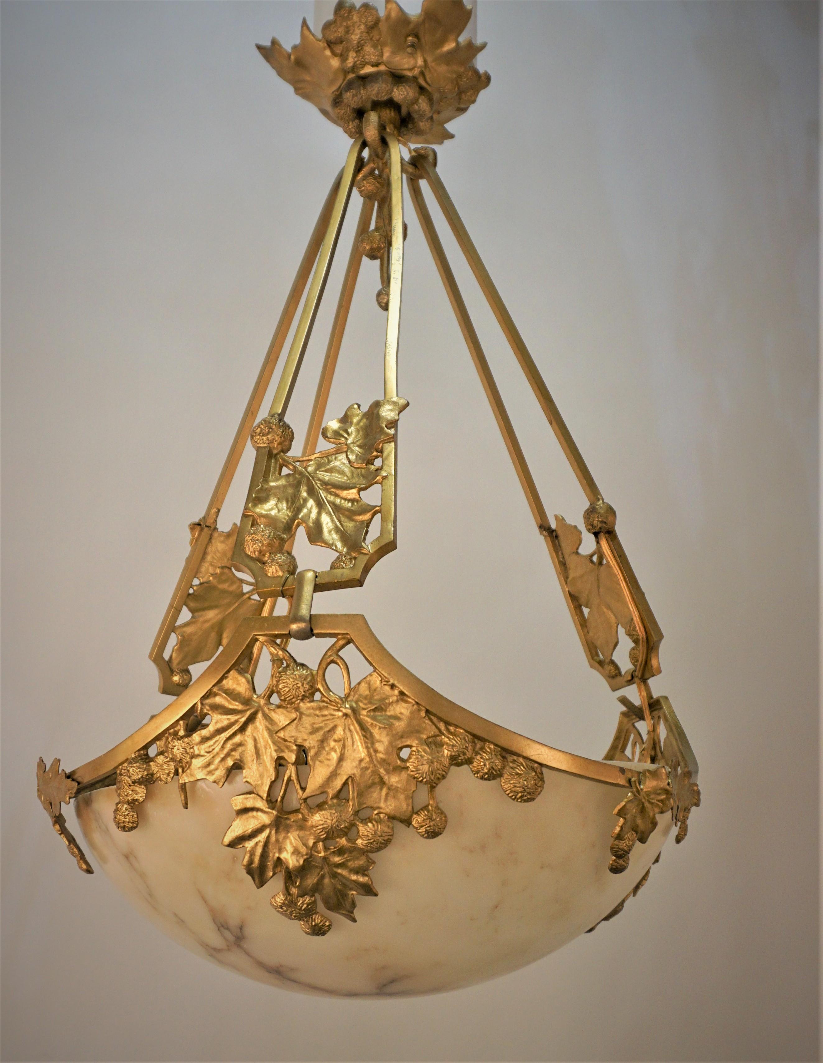 Art Nouveau Alabaster Gilt Bronze Chandelier For Sale 5