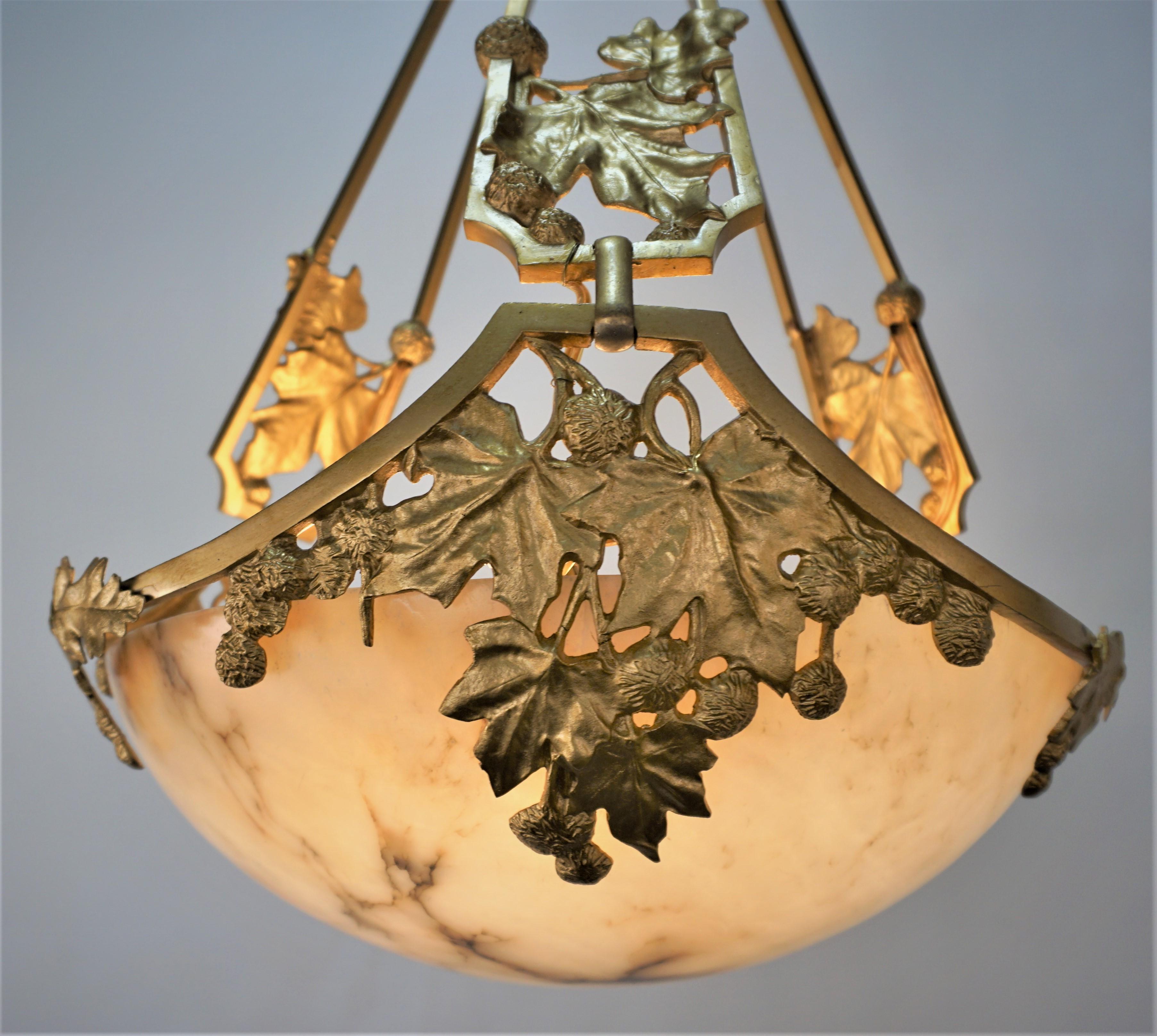 Art Nouveau Alabaster Gilt Bronze Chandelier In Good Condition For Sale In Fairfax, VA