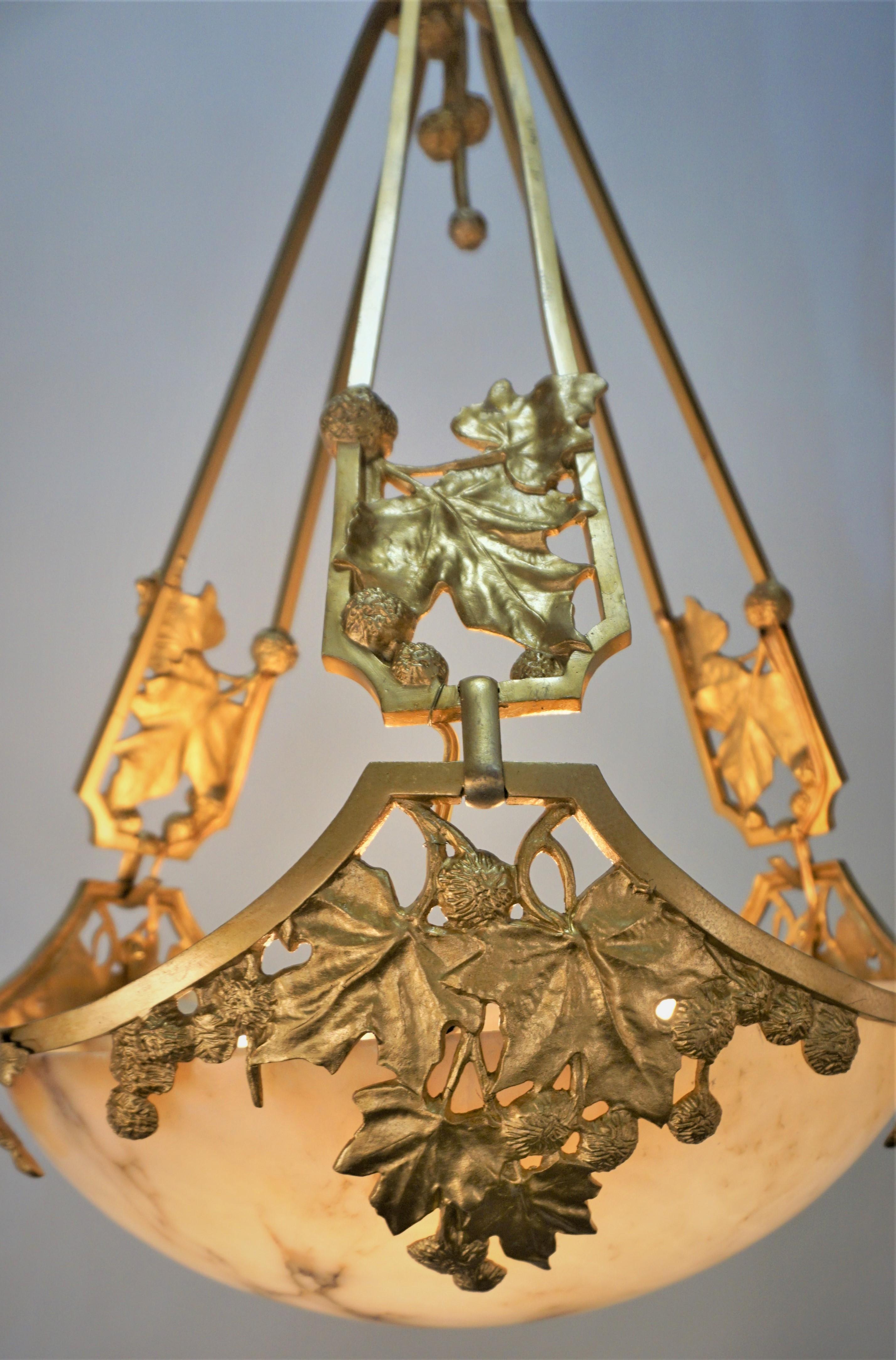 Early 20th Century Art Nouveau Alabaster Gilt Bronze Chandelier For Sale