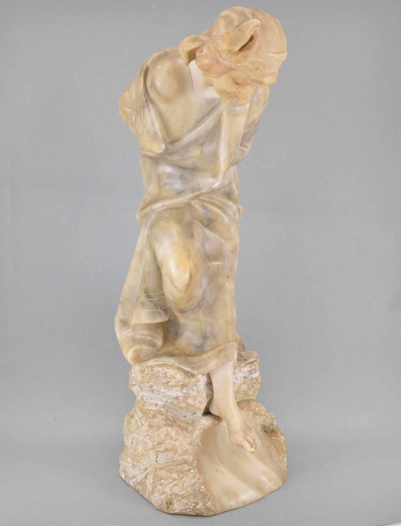 Belgian Art Nouveau Alabaster Sculpture, Woman on a Rock