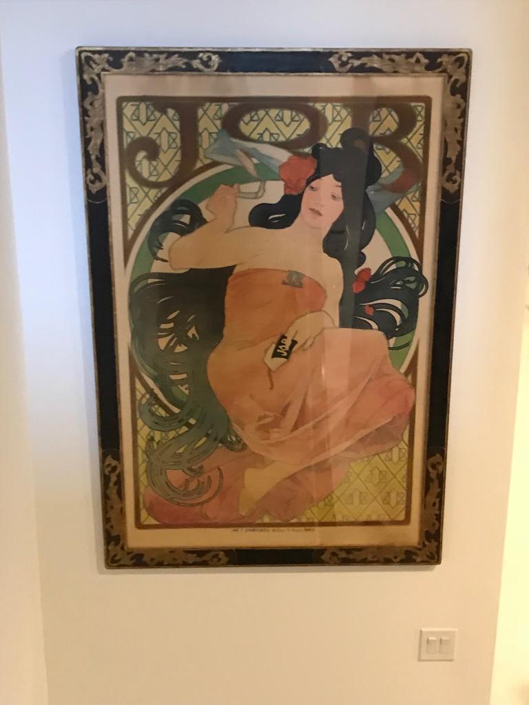 Alphonse Mucha 1898 JOB poster. Excellent condition with beautiful frame under plexiglass ready to hang. Poster for 'Job' cigarette paper (1898) 'JOB' is a trademark for the Joseph Bardou Company, manufacturers of cigarette papers.