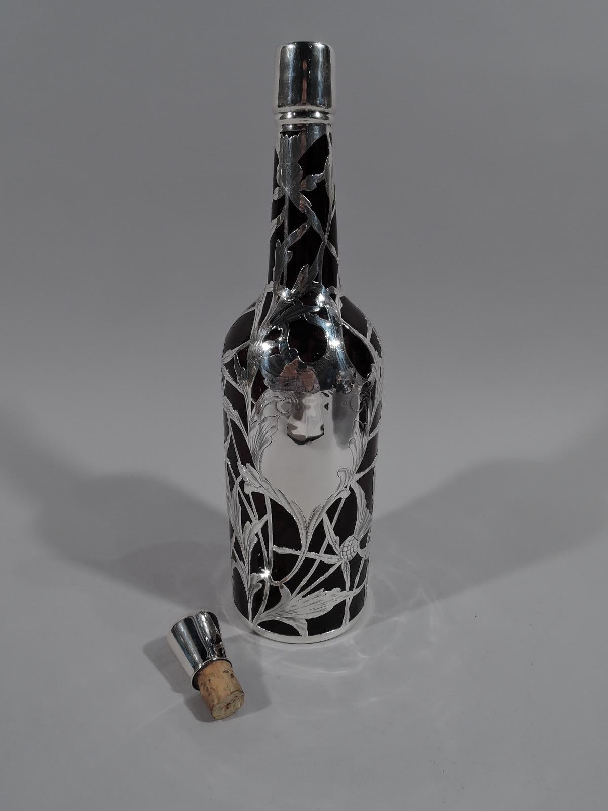 American Art Nouveau Amber Glass & Silver Overlay Scotch Decanter by La Pierre