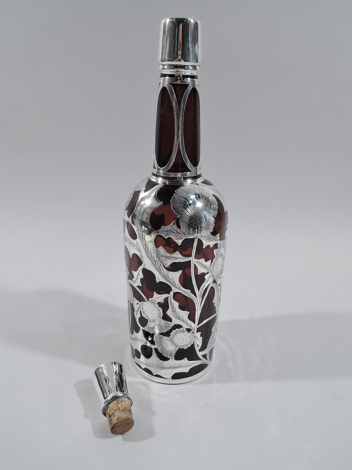 American Art Nouveau Amber Glass & Silver Overlay Scotch Decanter