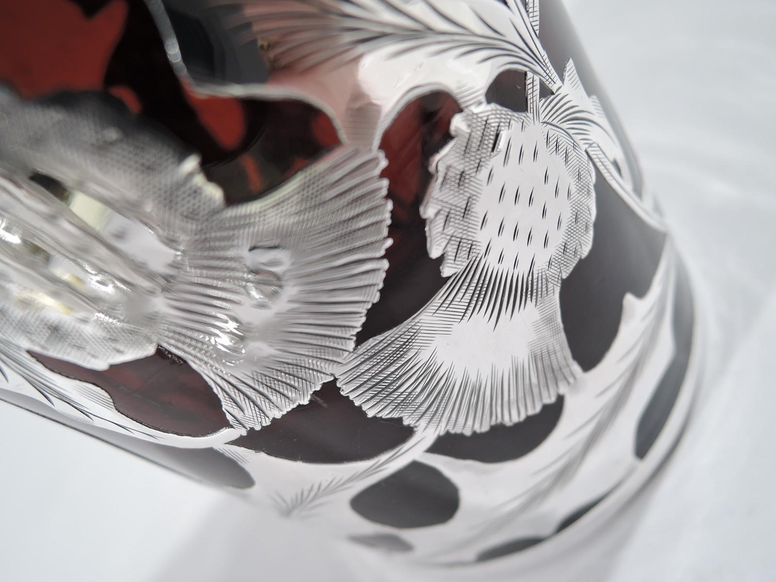 20th Century Art Nouveau Amber Glass & Silver Overlay Scotch Decanter