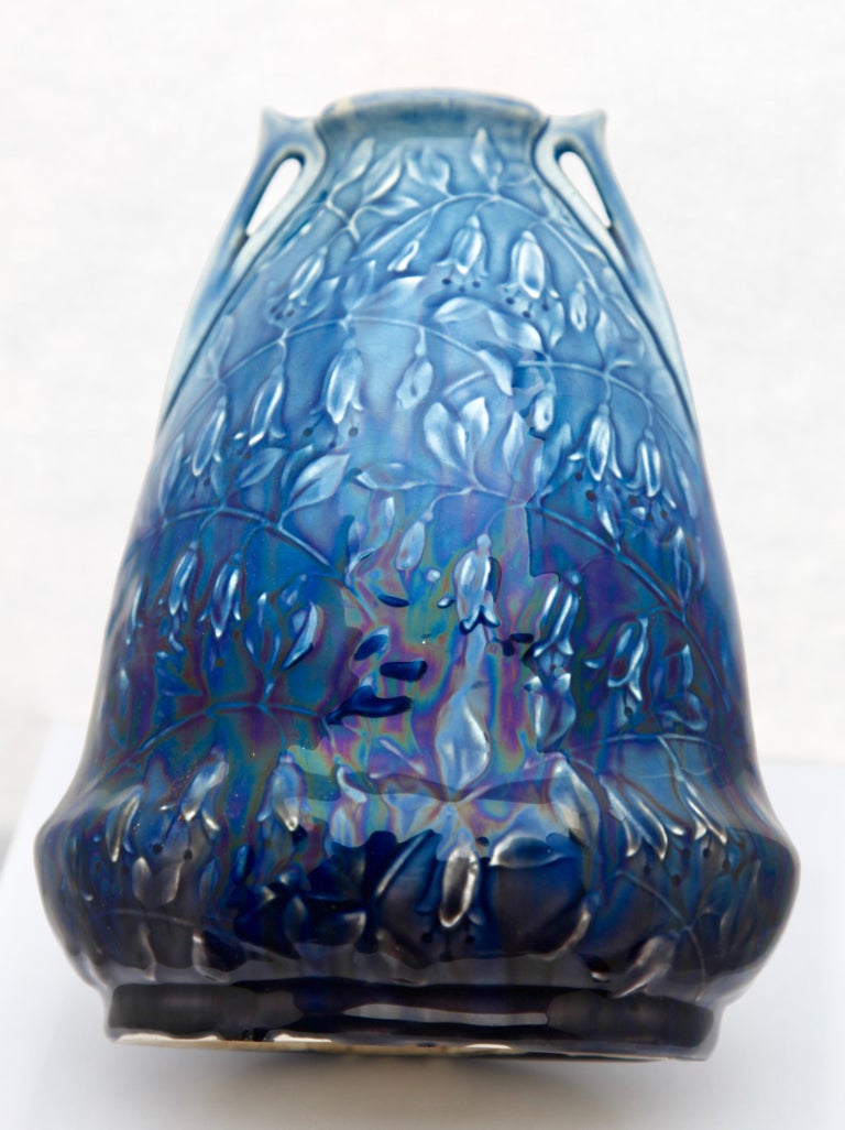 Early 20th Century Art Nouveau AMC, Wasmuel, Floral Decoration Glazed Vase Made in Belgium, 1920s For Sale