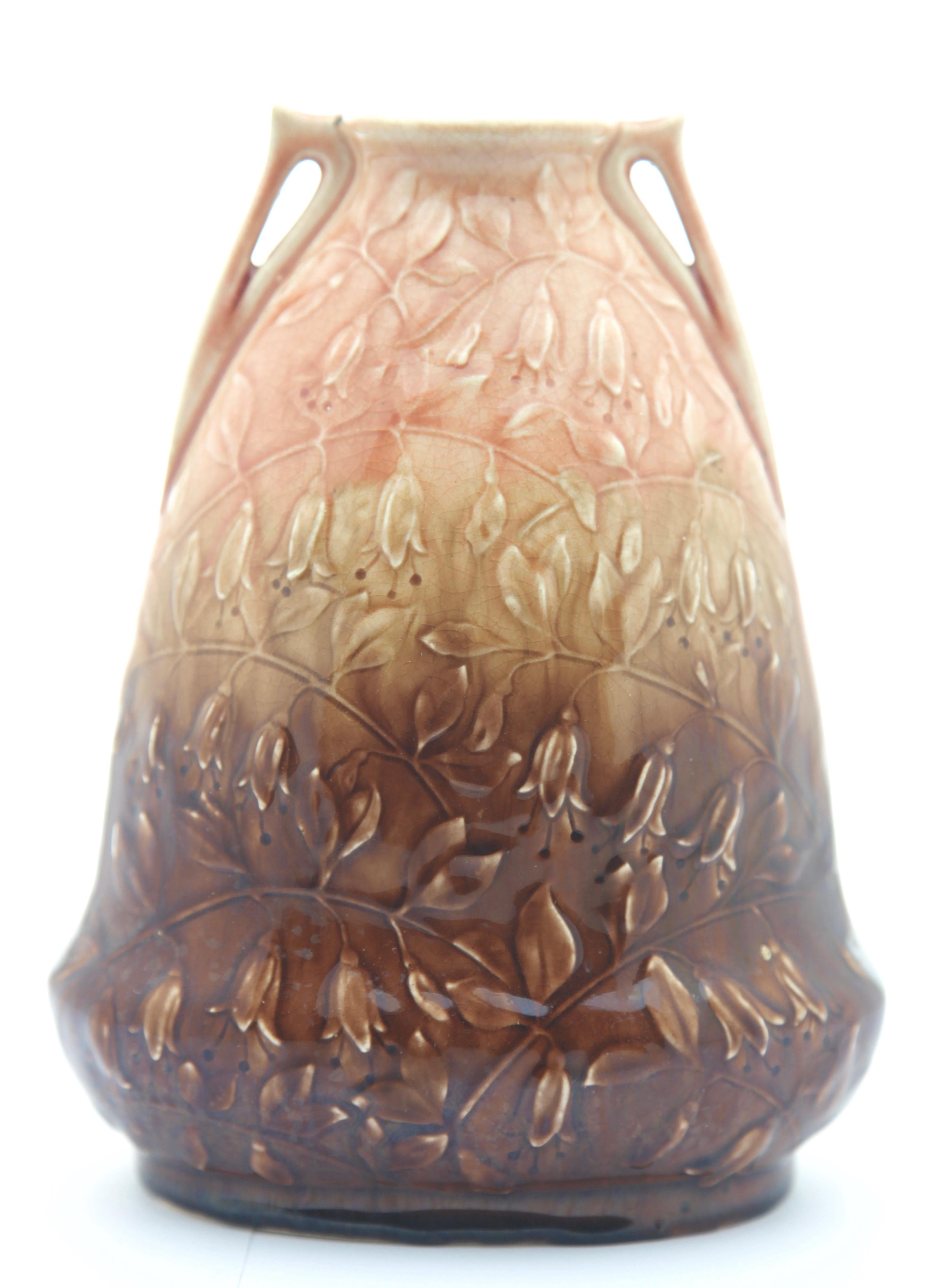 Ceramic Art Nouveau AMC, Wasmuel, Floral Decoration Glazed Vase Made in Belgium, 1920s For Sale