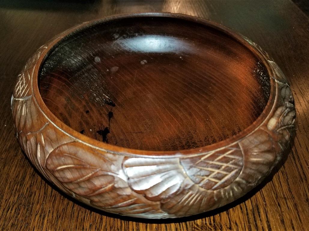 Hand-Carved Art Nouveau American Carved Walnut Bowl For Sale