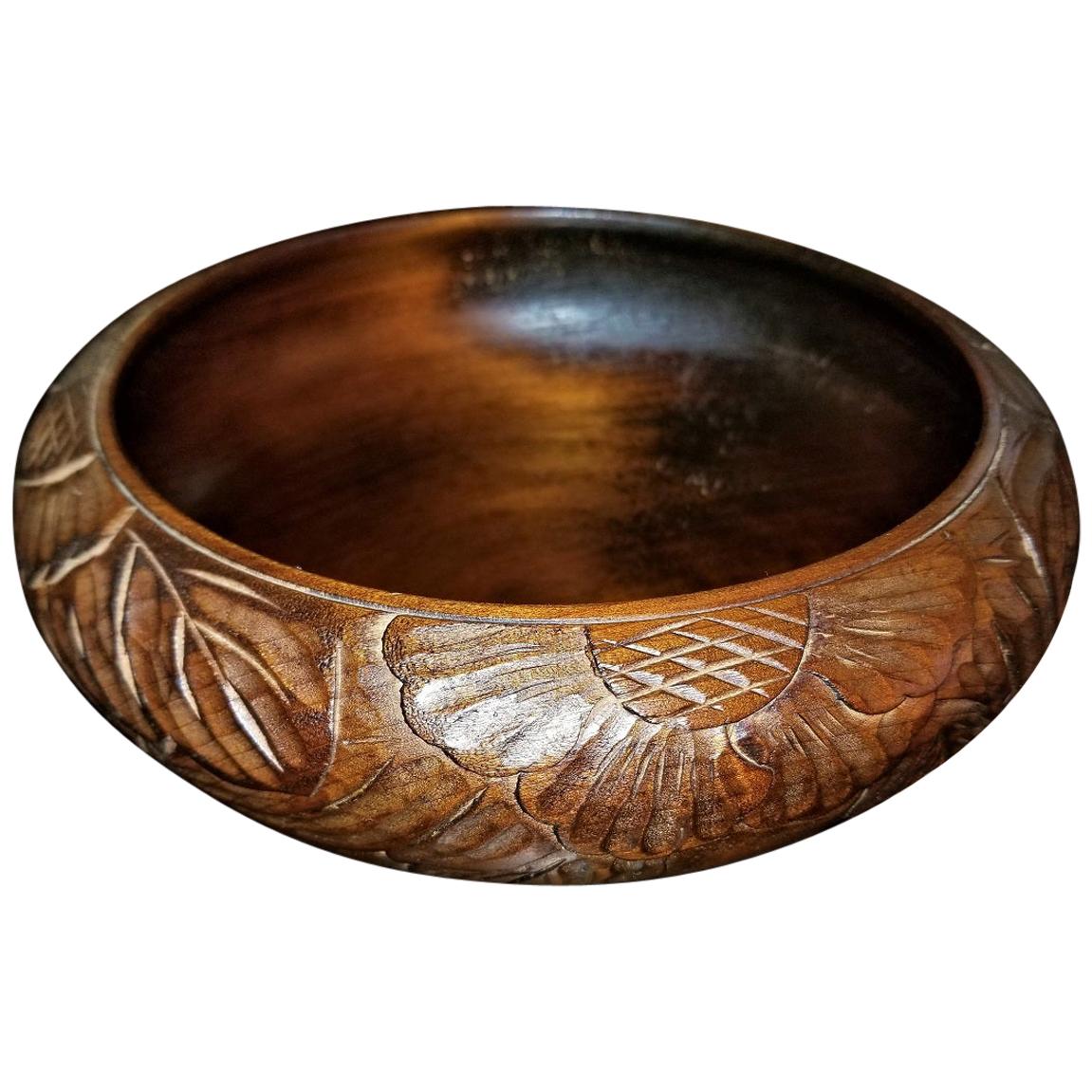 Art Nouveau American Carved Walnut Bowl For Sale