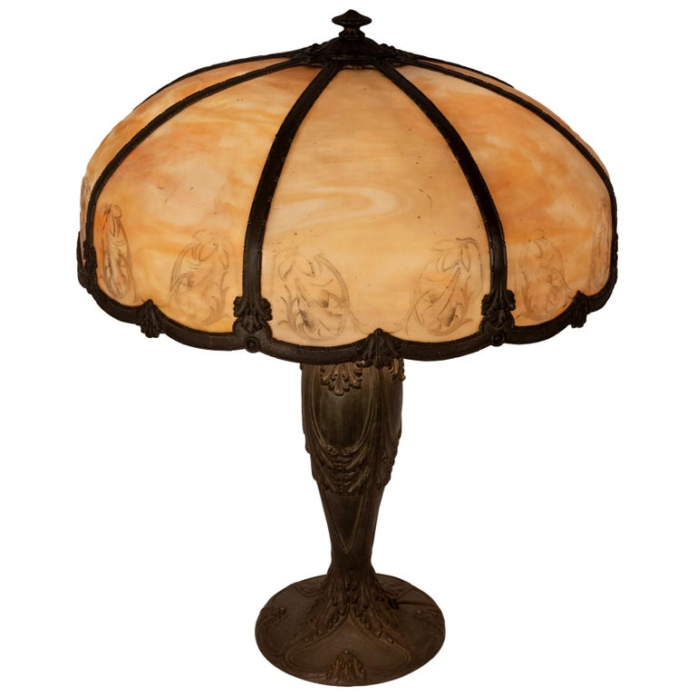 Art Nouveau American Slag Glass Lamp, Etched Glass Lamp Shades
