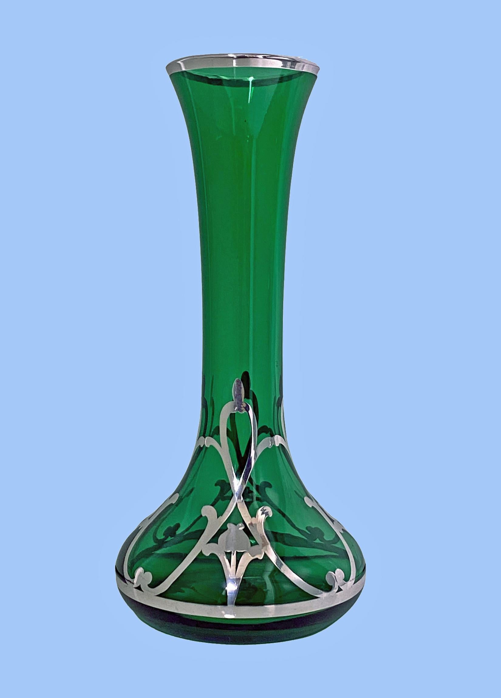 Other Art Nouveau American Sterling Overlay Green Glass Vase C.1910 For Sale