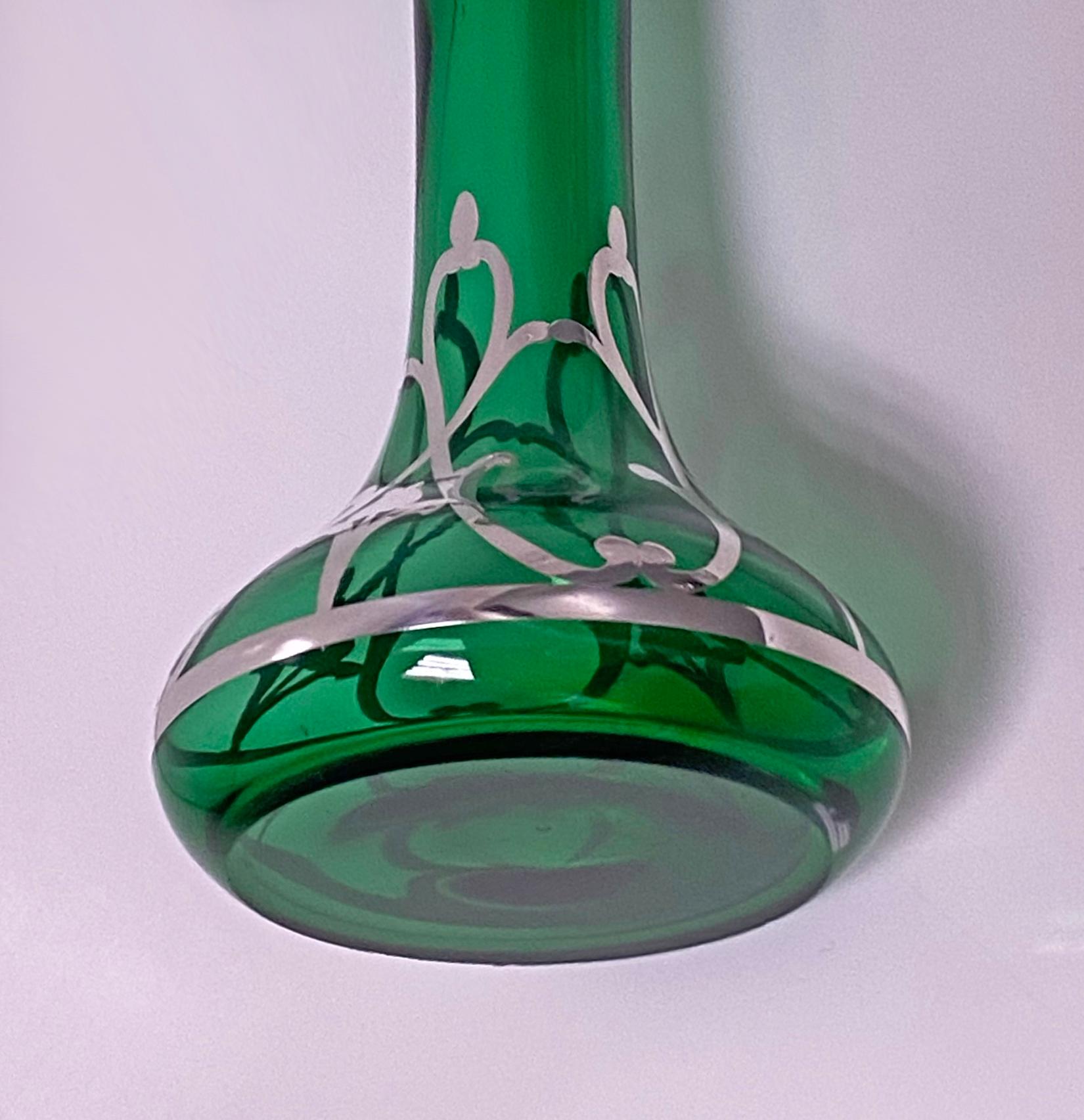 Sterling Silver Art Nouveau American Sterling Overlay Green Glass Vase C.1910 For Sale