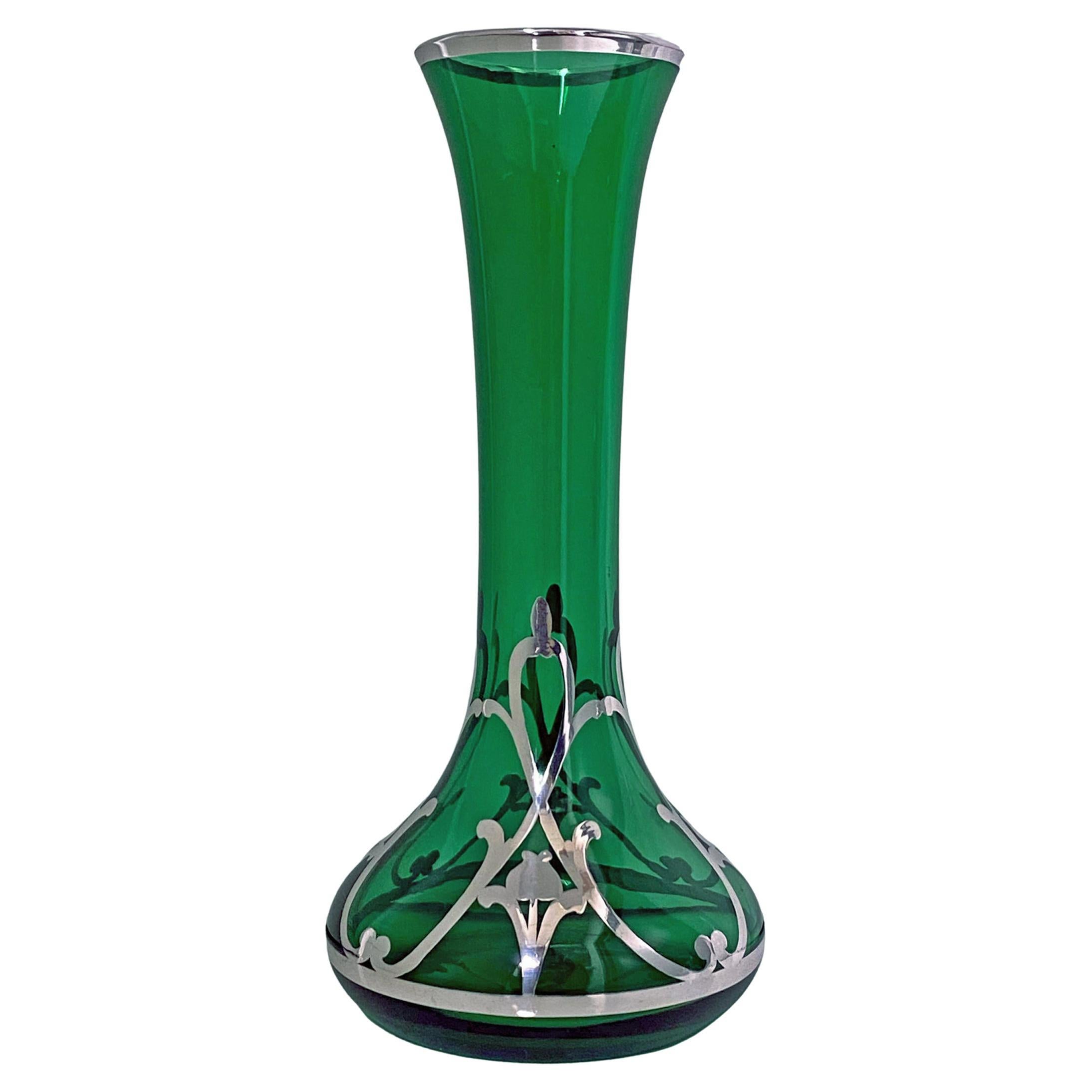 Art Nouveau American Sterling Overlay Green Glass Vase C.1910 For Sale
