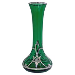 Antique Art Nouveau American Sterling Overlay Green Glass Vase C.1910