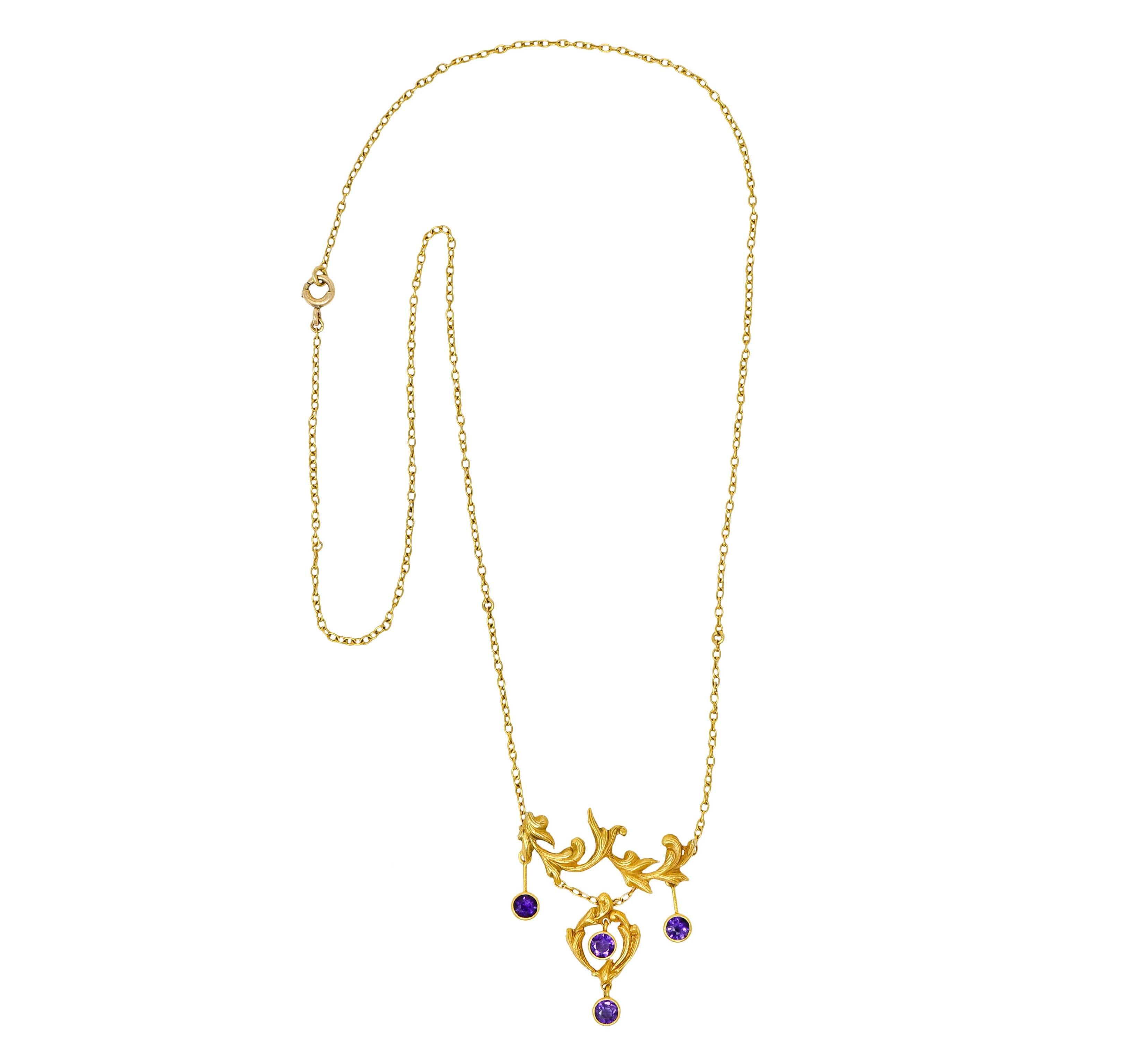 Art Nouveau Amethyst 14 Karat Gold Foliate Whiplash Swag Necklace For Sale  at 1stDibs