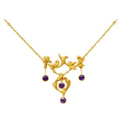 Antique Art Nouveau Amethyst 14 Karat Gold Foliate Whiplash Swag Necklace