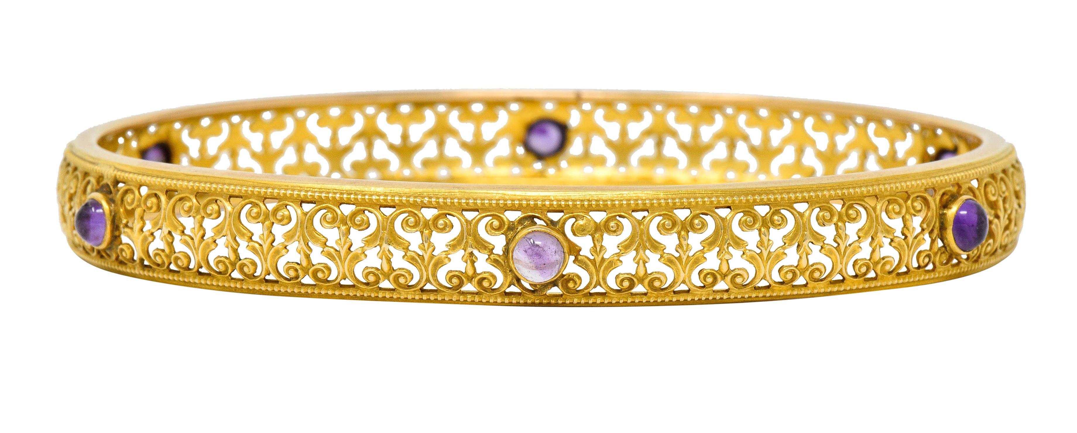 Cabochon Art Nouveau Amethyst 14 Karat Gold Scrolled Filigree Bangle Bracelet