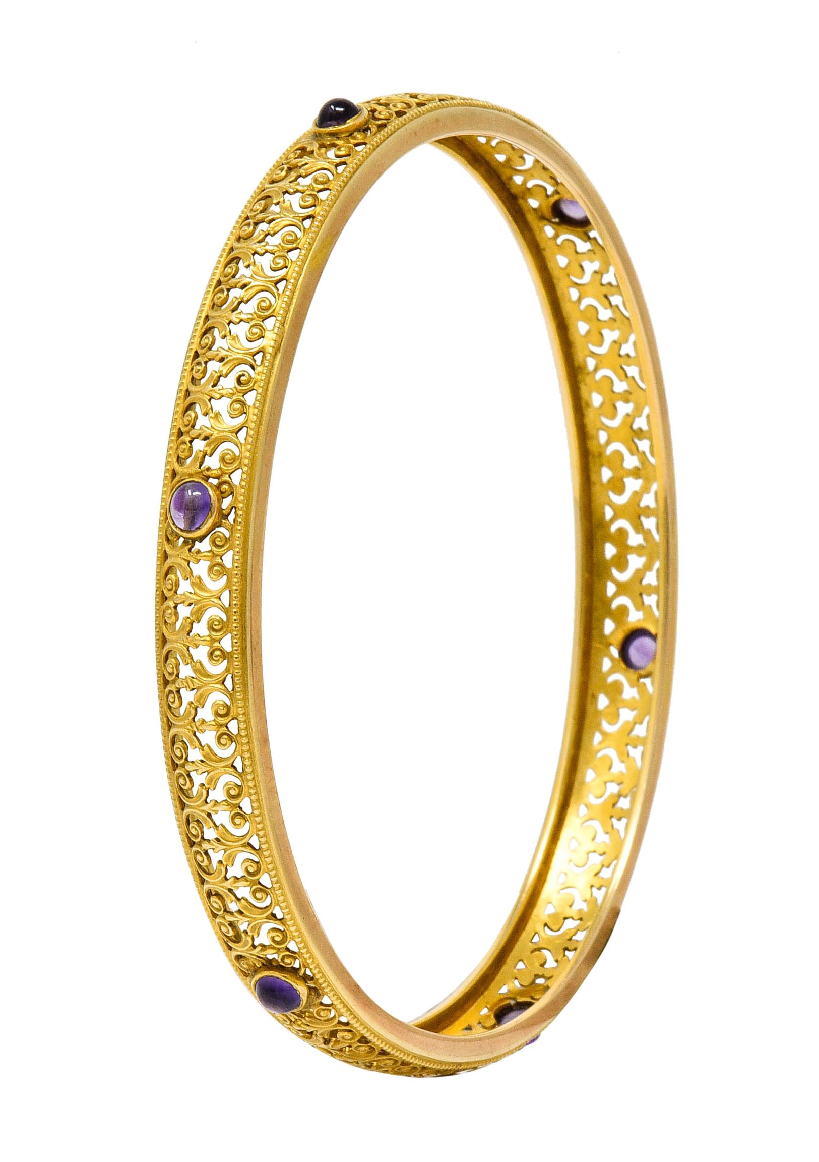 Women's or Men's Art Nouveau Amethyst 14 Karat Gold Scrolled Filigree Bangle Bracelet