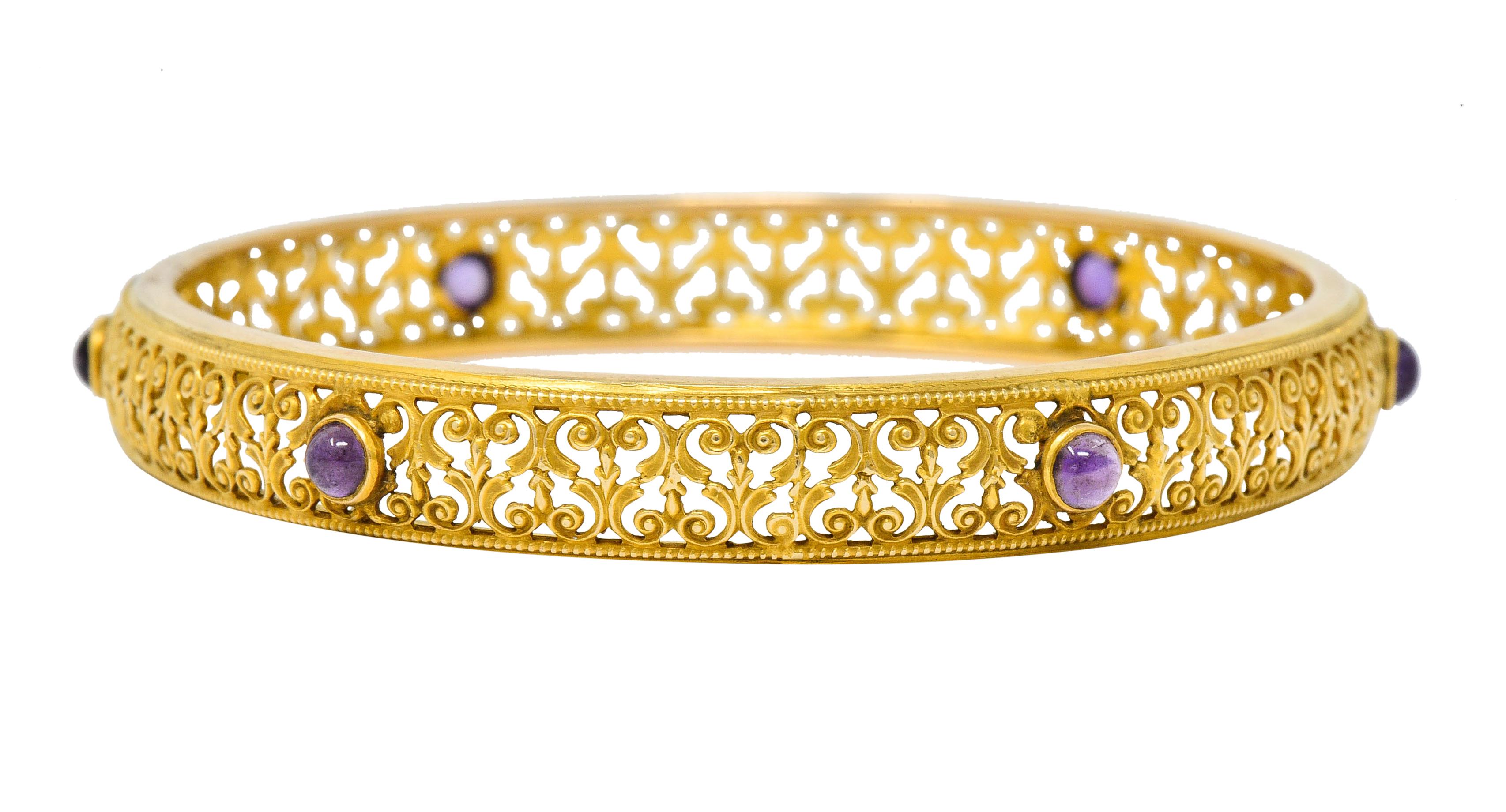 Art Nouveau Amethyst 14 Karat Gold Scrolled Filigree Bangle Bracelet 1